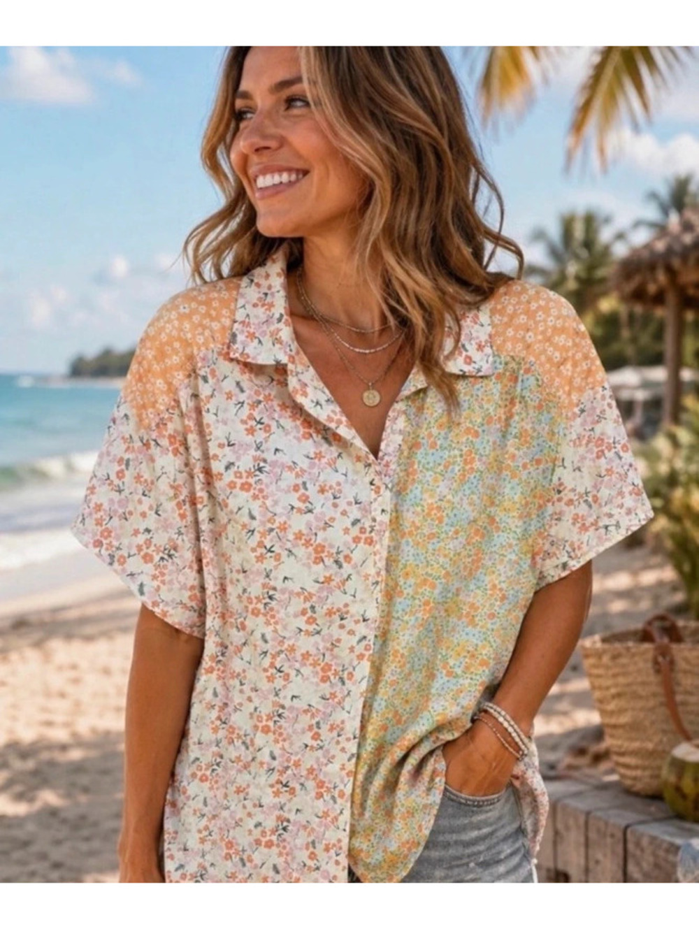 American Eagle Outfitters Peach Multi Print Short Sleeve Shirt